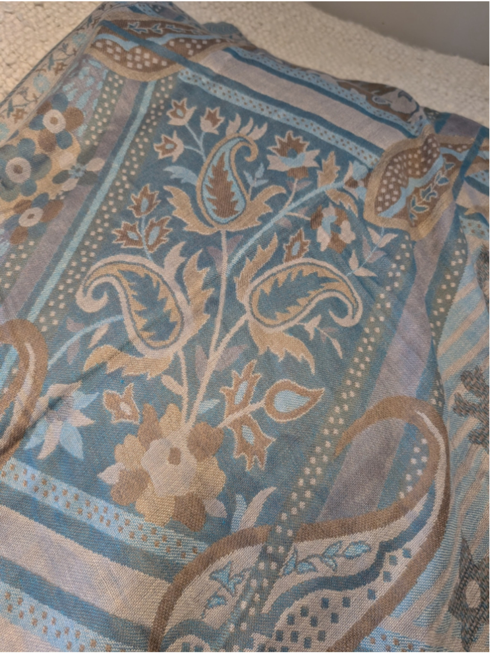 Boho Blue Taupe Paisley Floral Fringed Scarf Wrap Shawl - Picture 4 of 4